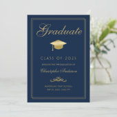 Faire-part Graduation Marine Bleu Or Formal Script Grad Casqu (Debout devant)