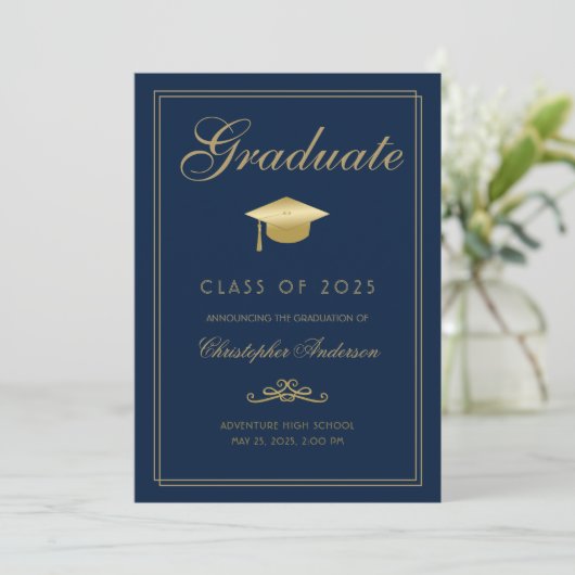 Faire-part Graduation Marine Bleu Or Formal Script Grad Casqu (Debout devant)