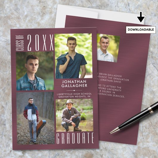 Faire-part Graduation Maron Metallic Photo Collage