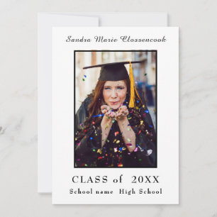 Faire-part Graduation minimaliste en noir cadre blanc Script