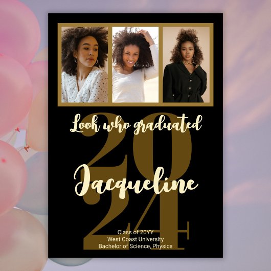 Faire-part Graduation moderne 2025 Gold Script photo Collage