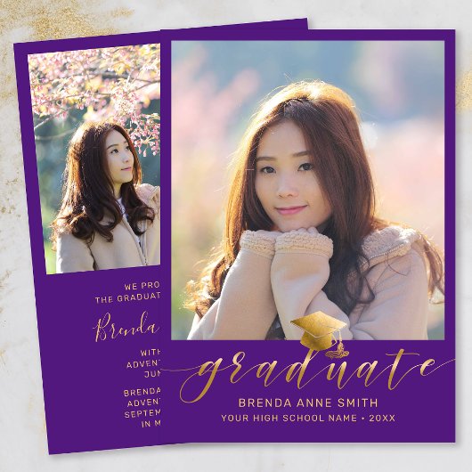 Faire-part Graduation moderne 2 Photo Gold Script Casquette v