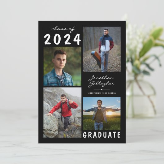 Faire-part Graduation Moderne 5 Script photo Noir Blanc (Debout devant)