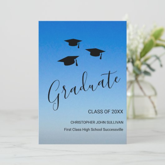 Faire-part Graduation moderne bleue (Debout devant)