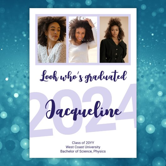 Faire-part Graduation moderne Purple Script Photo Collage
