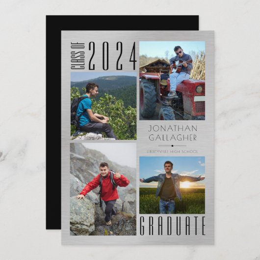 Faire-part Graduation moderne Quatre photos brossé argent (Devant / Derrière)