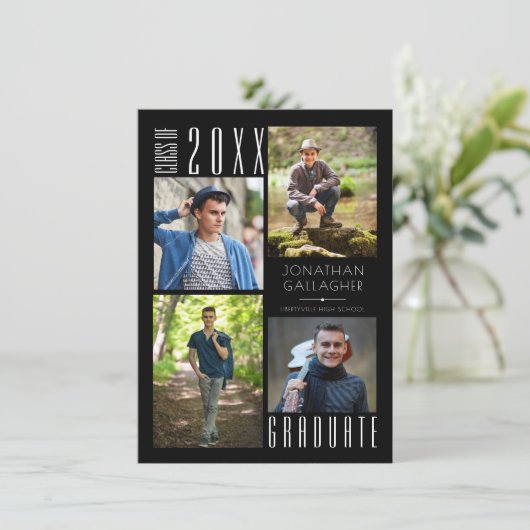 Faire-part Graduation Moderne Sleek Quatre photos noir (Debout devant)