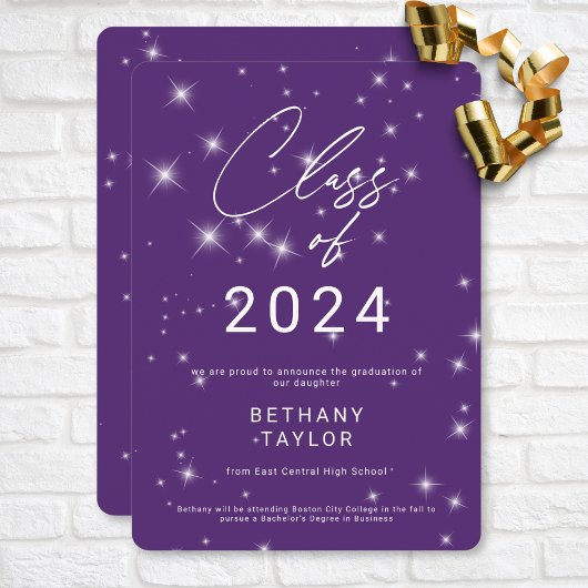 Faire-part Graduation moderne violet et blanc étincelant