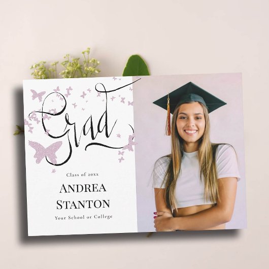 Faire-part Graduation Papillons rose Grad Calligraphie Chic