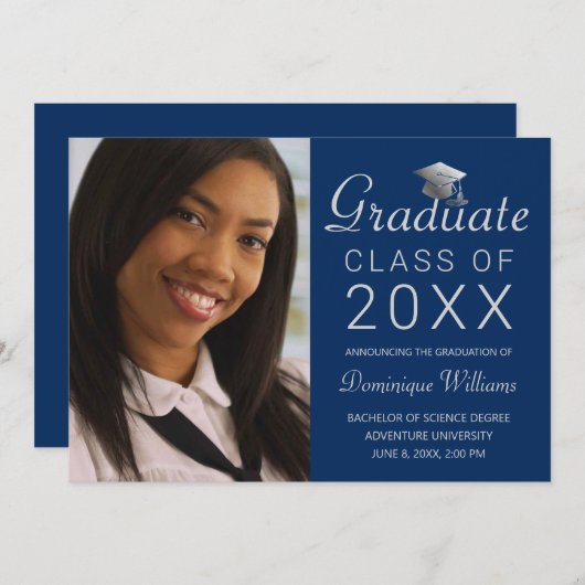 Faire-part Graduation Photo Argent Casquette Script 2025 Roya (Devant / Derrière)