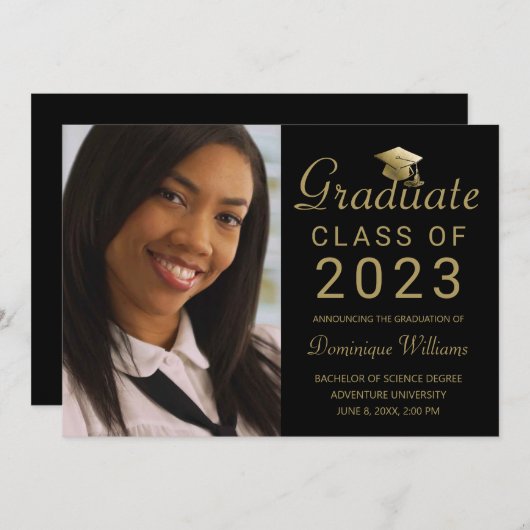 Faire-part Graduation Photo Black Gold Grad Casquette Script  (Devant / Derrière)