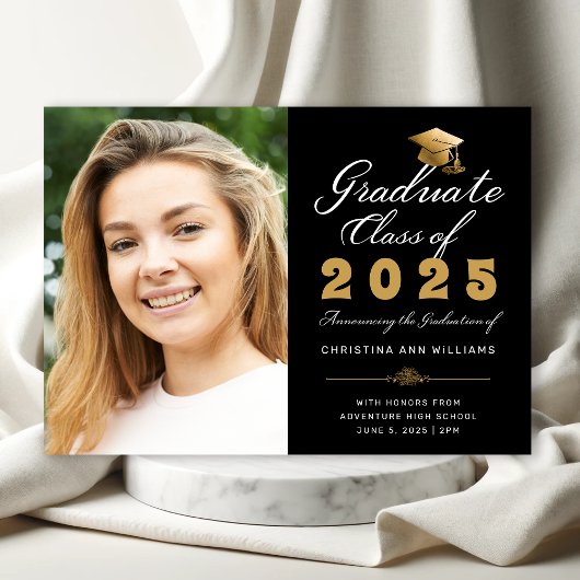 Faire-part Graduation Photo Black Gold Script Classe de 2023