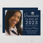 Faire-part Graduation Photo Blue Silver Grad Casquette Script (Devant / Derrière)