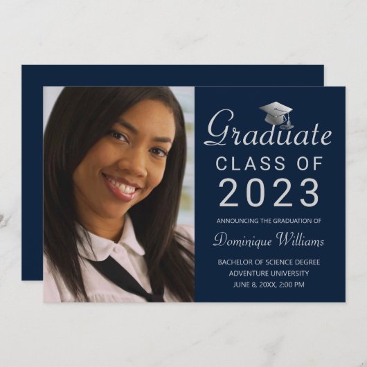 Faire-part Graduation Photo Blue Silver Grad Casquette Script (Devant / Derrière)