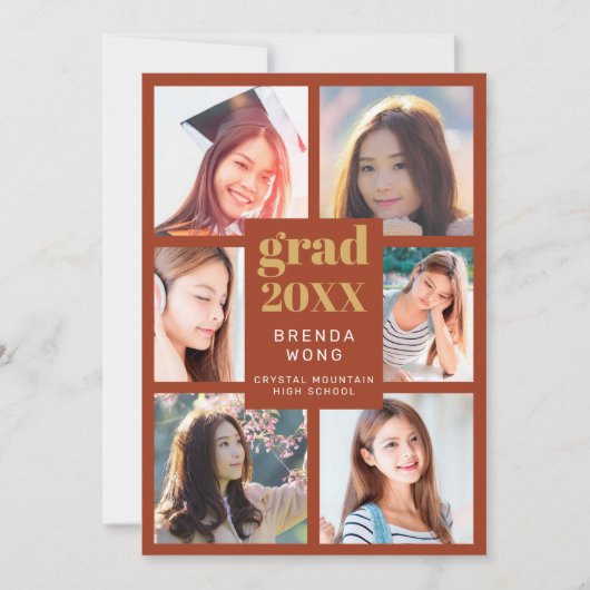 Faire-part Graduation Photo Collage Gold White Script Orange (Devant)
