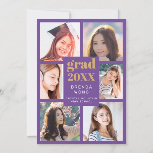 Faire-part Graduation Photo Collage or blanc Script violet (Devant)