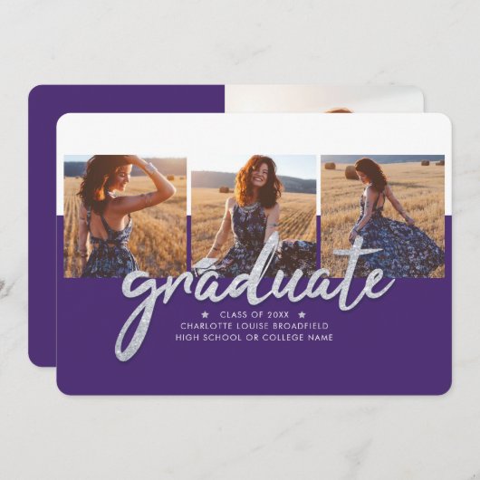 Faire-part Graduation Photo Collage Purple Silver Script (Devant / Derrière)