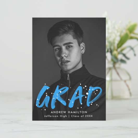 Faire-part Graduation photo de peinture bleu moderne (Debout devant)