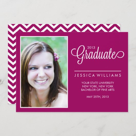 Faire-part Graduation photo moderne Chevrons {Fuchsia} (Devant / Derrière)