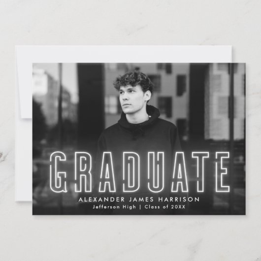 Faire-part Graduation photo moderne en néon blanc (Devant)