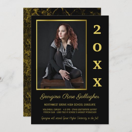 Faire-part Graduation Photo moderne Simple Grad Gold Noir (Devant / Derrière)