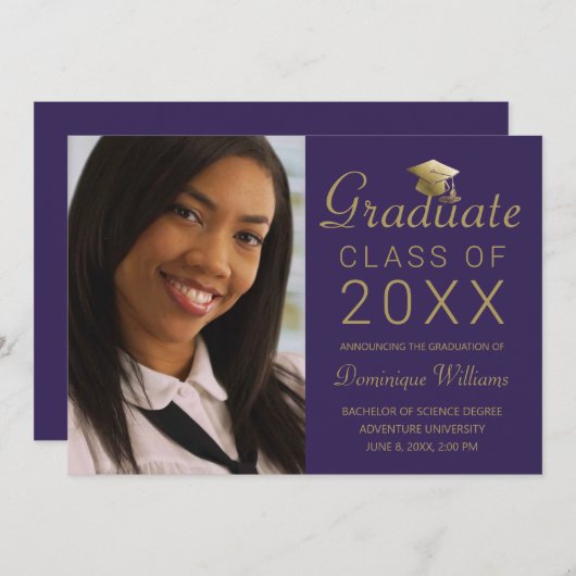 Faire-part Graduation Photo Purple Gold Grad Casquette Script (Devant / Derrière)