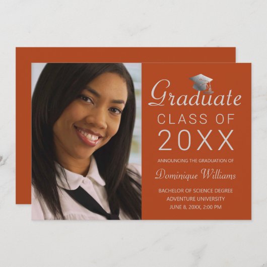 Faire-part Graduation Photo Silver Grad Casquette Script Oran (Devant / Derrière)