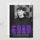 Faire-part Graduation photo verticale moderne en néon violet (Devant)