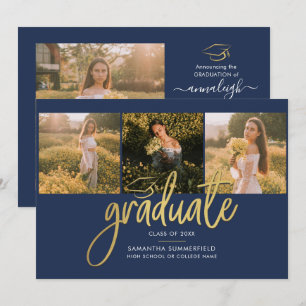 Faire-part Graduation Photos Script Marine Blue Gold Foil