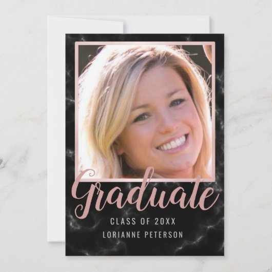 Faire-part Graduation Rose en marbre noir Script Photo (Devant)