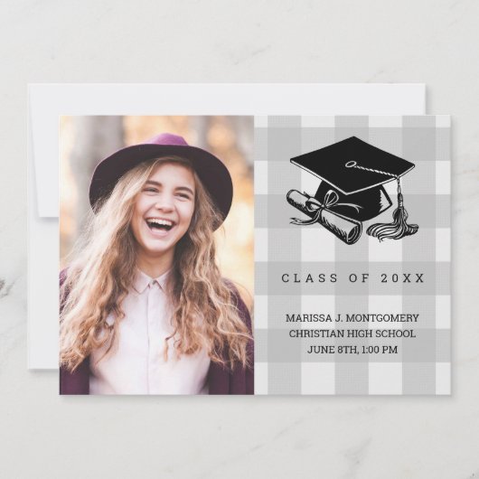Faire-part Graduation Rustic Grey Plaid Photo Grad Casquette (Devant)