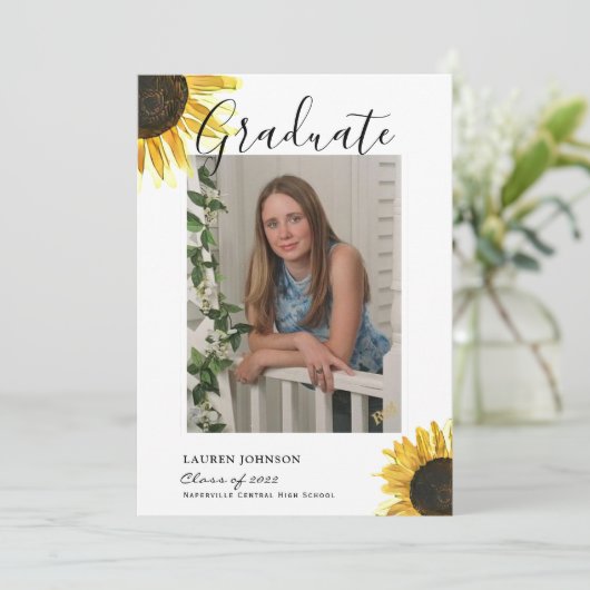 Faire-part Graduation Rustique Tournesol (Debout devant)