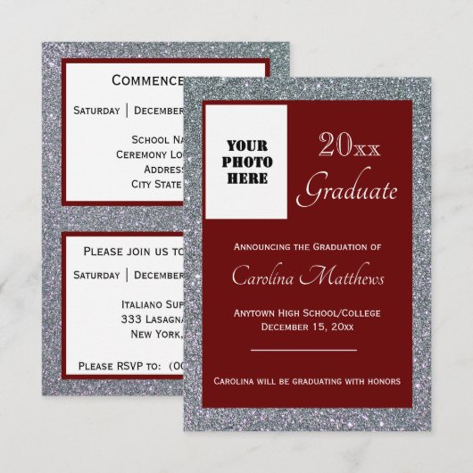 Faire-part Graduation Silver Sparkle Maroon (Devant / Derrière)
