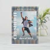 Faire-part Graduation turquoise bleue Tartan Plaid (Debout devant)