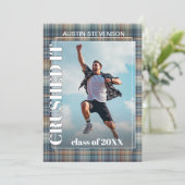 Faire-part Graduation turquoise bleue Tartan Plaid (Debout devant)