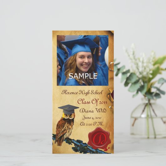 FAIRE-PART GRADUM OWL RED BROWN WAX SEAL MONOGRAM (Debout devant)