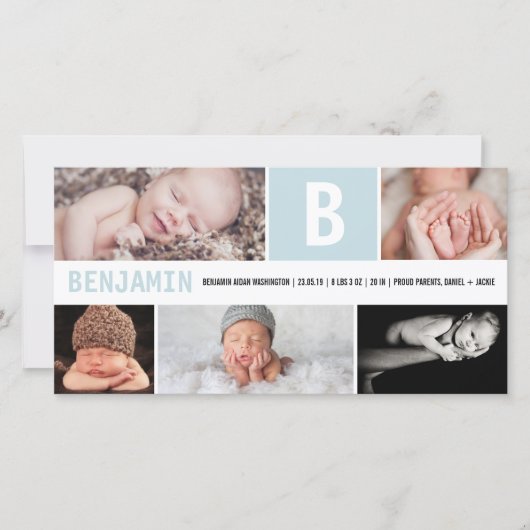 Faire-part Grand Monogramme Initiale Bébé Garçon 5 Photo Bleu (Devant)