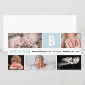 Faire-part Grand Monogramme Initiale Bébé Garçon 5 Photo Bleu (Devant / Derrière)