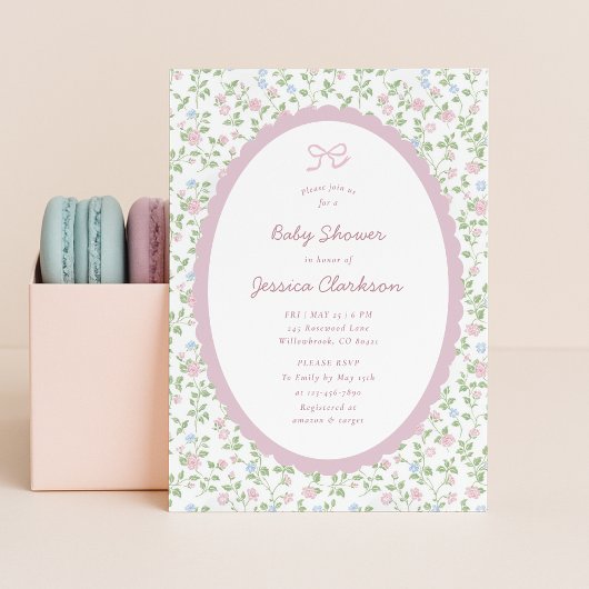 Faire-part Grandmillennial Pink Bow Floral Baby Shower INVITE