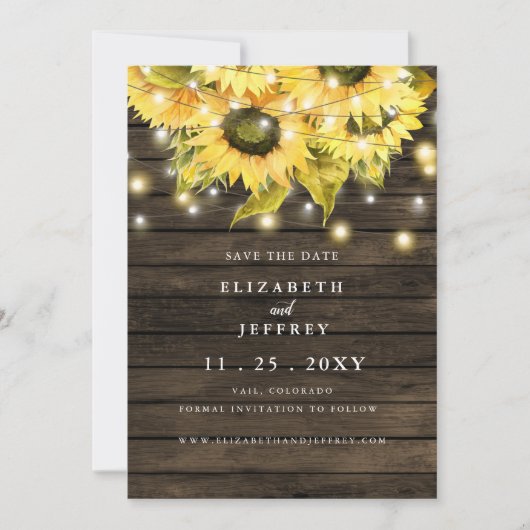 Faire-part Grange Bois Chaîne Lumières Tournesols Enregistrer (Devant)