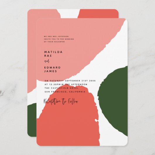 Faire-part Graphique abstrait moderne rouge, rose + vert (Devant / Derrière)