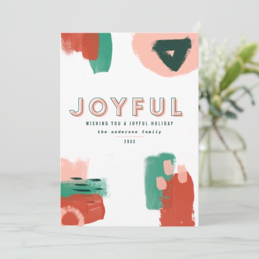 Faire-part Graphique abstrait moderne rouge, rose + vert joye (Debout devant)