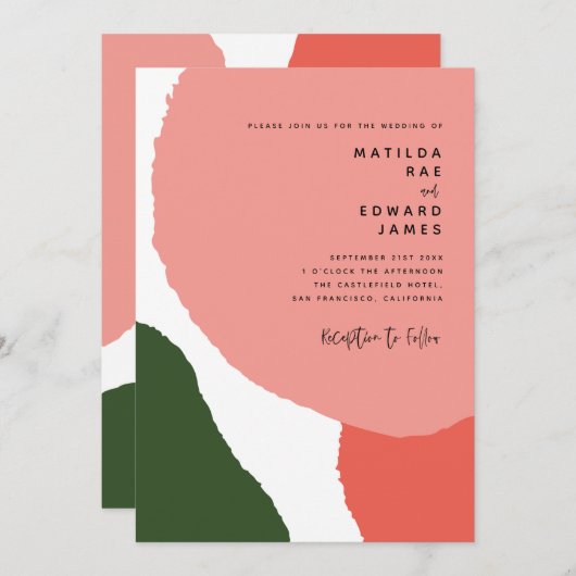 Faire-part Graphisme abstrait moderne rouge, rose + vert anno (Devant / Derrière)