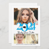 Faire-part Gras 2024 Grad Casquette 3-Photo Collage Bleu Grad (Devant / Derrière)