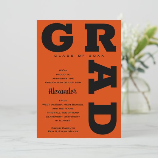 Faire-part Gras GRAD noir sur Orange Graduation (Debout devant)