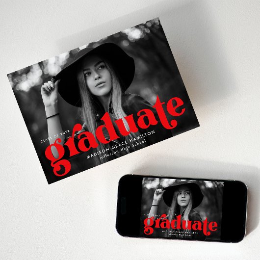 Faire-part Gras Typographie Red Photo Graduation