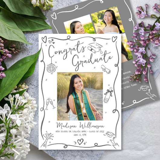Faire-part Gray Hand Drawn Doodles Graduation 4 Photo White