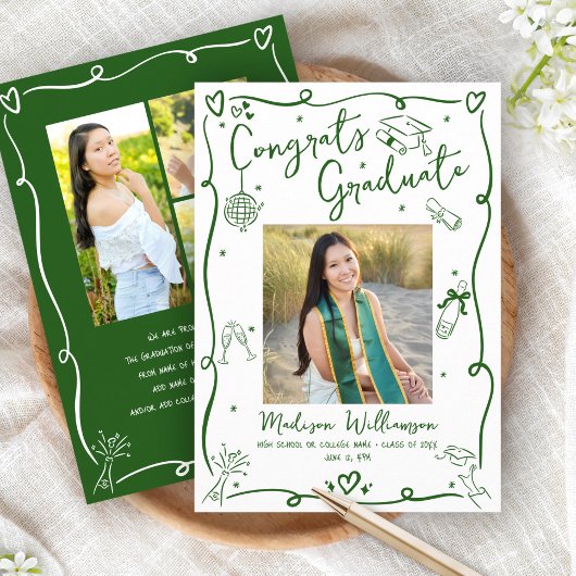 Faire-part Green Hand Drawn Doodles Graduation 4 Photo White