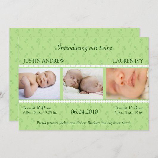 Faire-part Green Pearl Twins (Devant / Derrière)