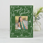 Faire-part Green White Hand Drawn Doodles Graduation 4 Photo (Debout devant)